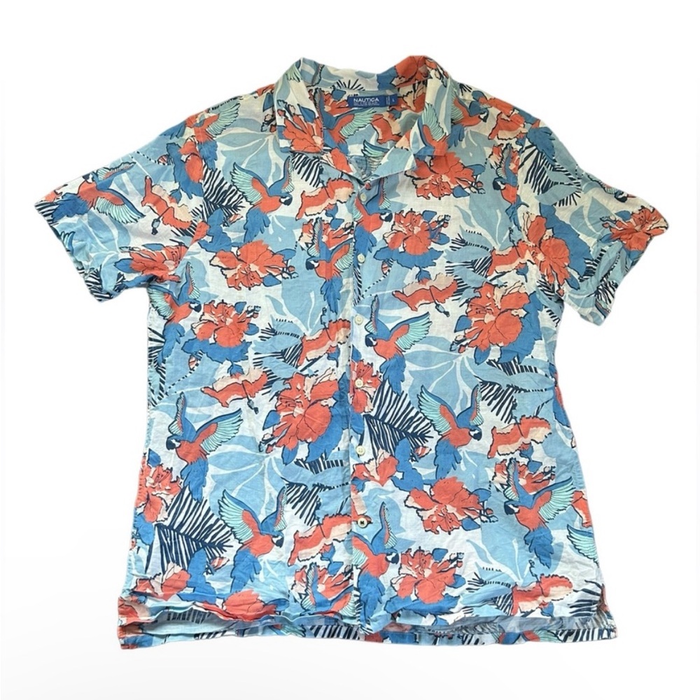 Nautica Blue Sail Tropical Parrot Button-Down Shirt Linen Blend Beach Hawaiian L